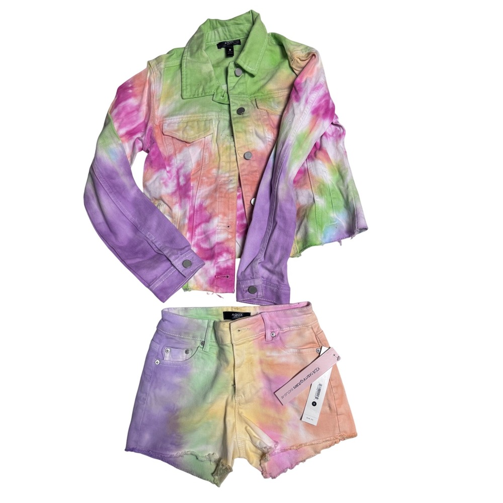 Aqua Girls Tie Dye Denim Jacket & Shorts Set Raw Hem - Kids Size 8/M
